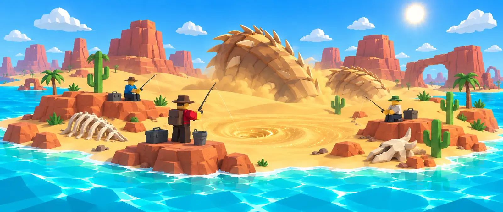 Fisch illustration of a low-poly desert island with red mesas, cacti and bleached bones, where blocky anglers cast into a swirling pool of golden sand while a huge spiked sand creature arches out of the dunes