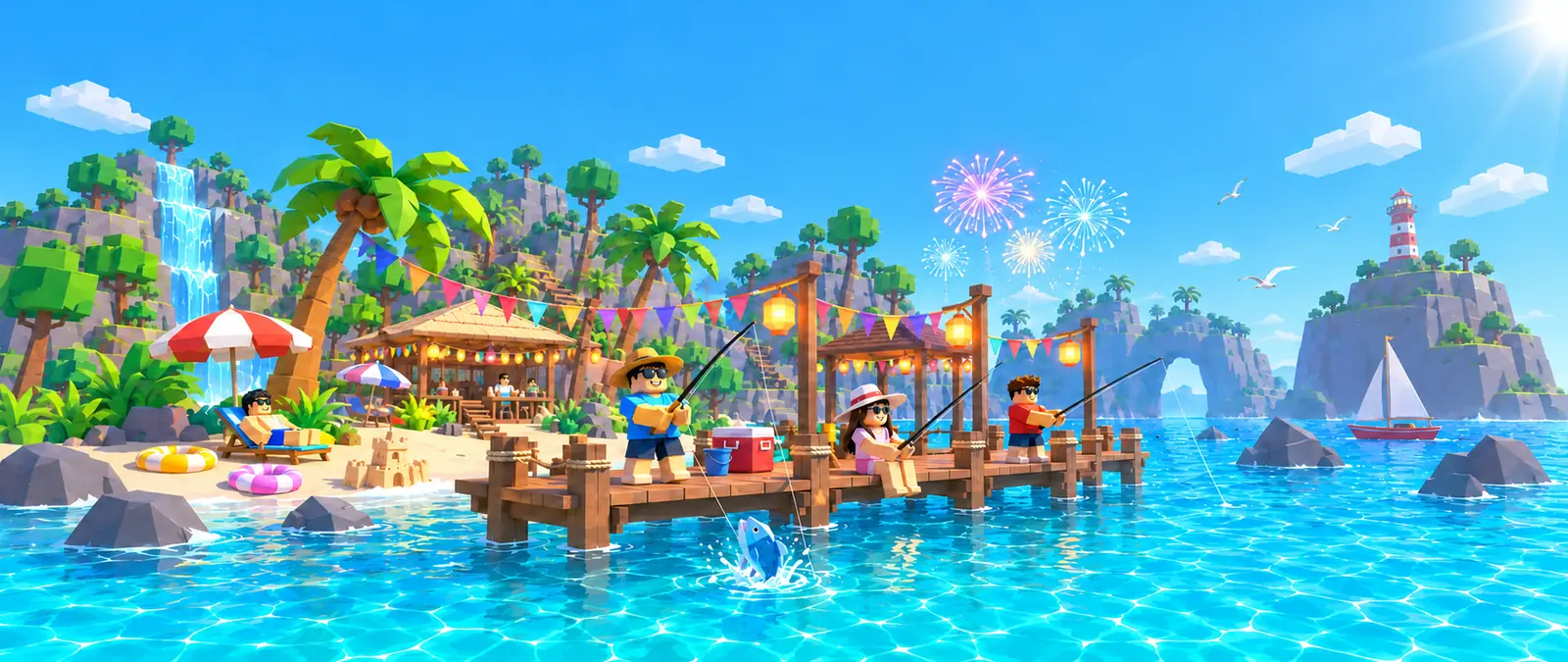 Fisch illustration of a summer beach festival on a low-poly island: bunting and paper lanterns over a wooden pier where blocky fishermen in sunglasses fish, with beach umbrellas, a sandcastle, a beach bar and fireworks in a bright sky