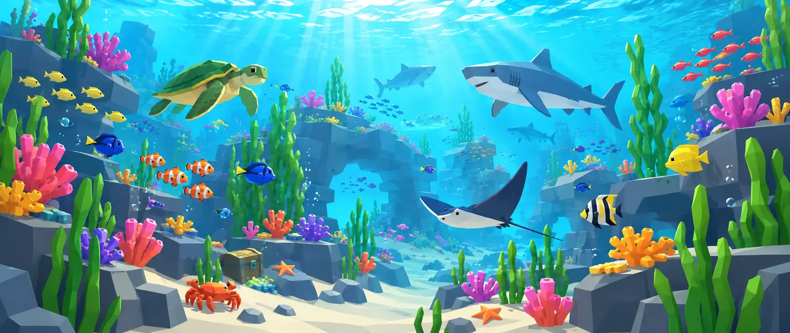 Fisch illustration of a low-poly coral reef in clear turquoise water where clownfish, tangs, a sea turtle, sharks and a manta ray swim among bright coral, kelp and rocks under rays of sunlight