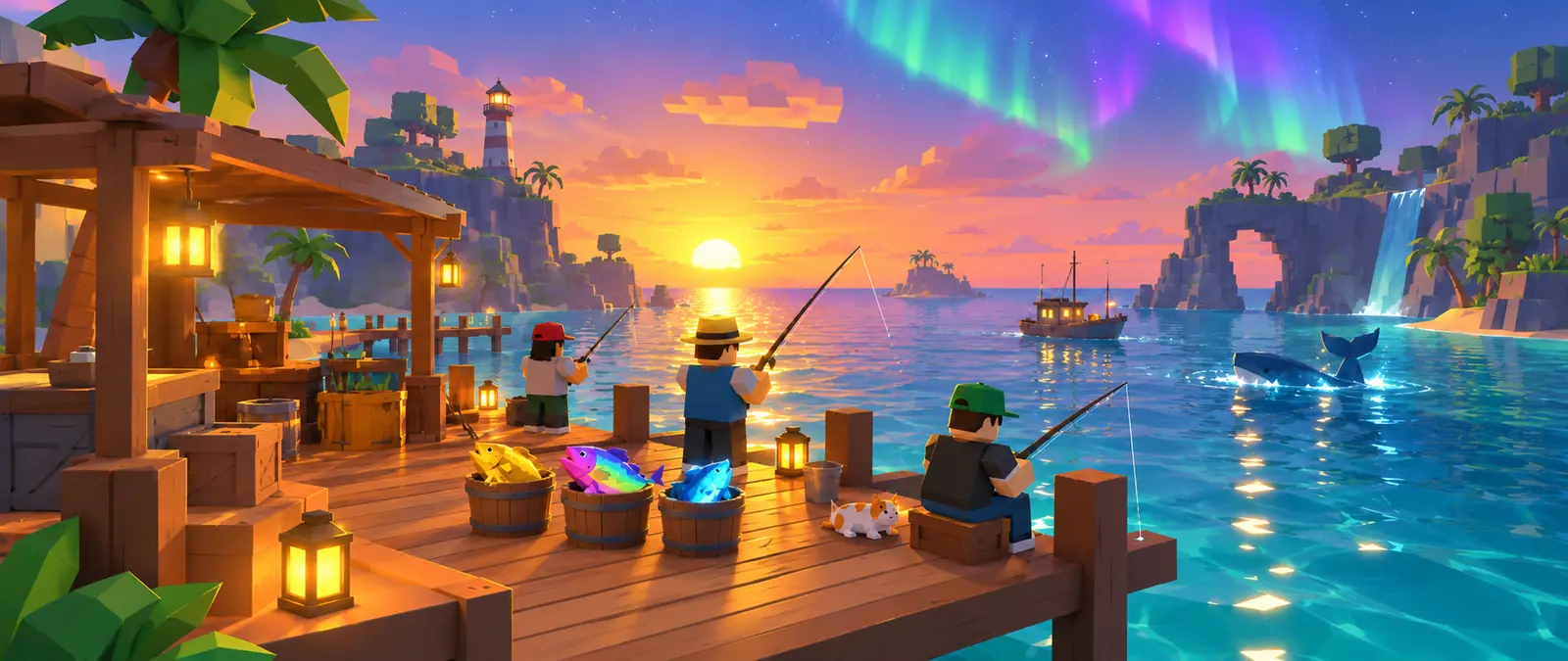 Fisch illustration of a wooden pier at sunset under a green and violet aurora, with blocky fishermen and three buckets holding a golden fish, a rainbow-scaled fish and a glowing blue fish